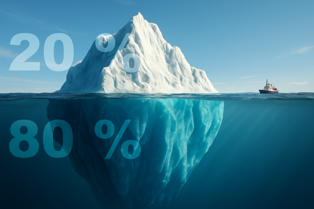 A large iceberg floating in the ocean with 20% of its mass visible above water and 80% submerged below. A ship is seen in the distance on the right side of the image. The sky is clear and blue.