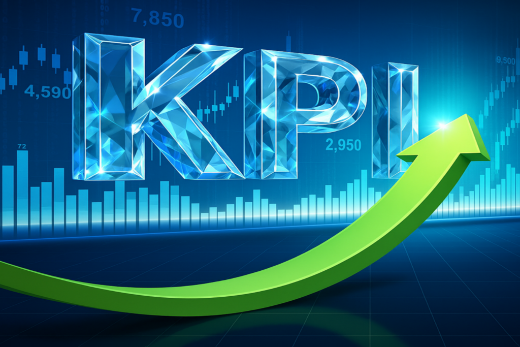 Large, shiny blue crystal-like letters spelling "KPI" are displayed against a dark blue background featuring financial bar charts and candlestick graphs. A prominent green upward-curving arrow crosses the image from left to right, symbolizing growth or improvement. Numerical values such as 7,850, 4,590, and 2,950 are faintly visible in the background.
