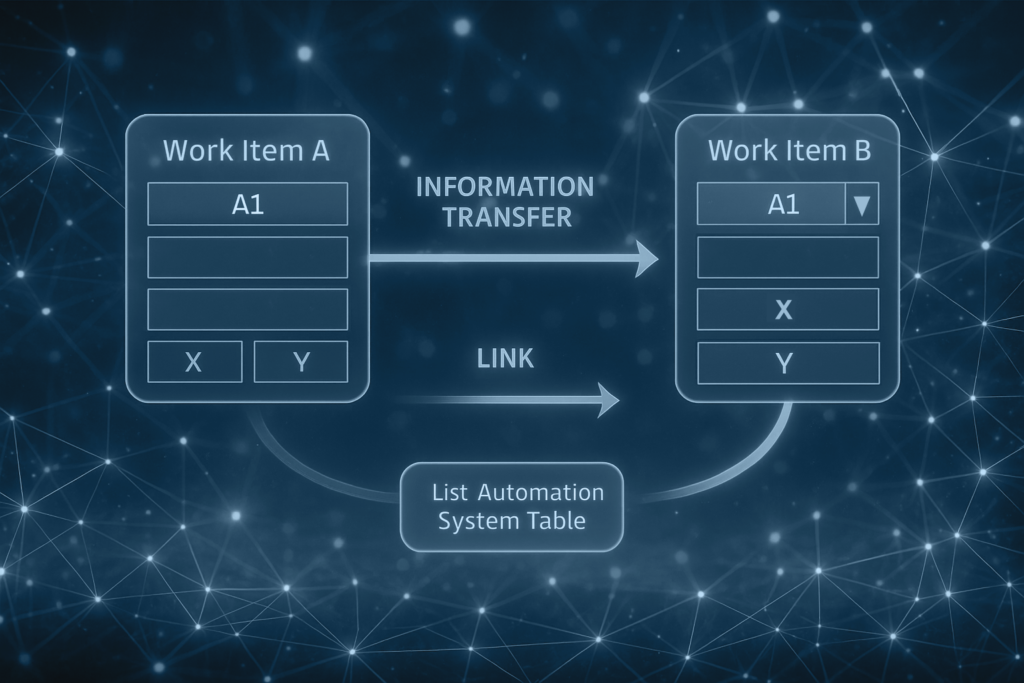 Diagram showing two work items labeled "Work Item A" and "Work Item B." Work Item A contains entries "A1," two empty boxes, and "X" and "Y" at the bottom. Work Item B contains "A1" with a dropdown arrow, two empty boxes, and "X" and "Y" below. Arrows indicate "INFORMATION TRANSFER" from Work Item A to Work Item B and "LINK" from Work Item A to Work Item B through a "List Automation System Table" at the bottom center. The background features a network of connected dots and lines.