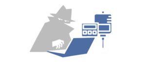 A graphic showing a gray silhouette of a person wearing a hat and trench coat, typing on a blue laptop. To the right of the laptop, there is a blue medical IV drip bag and an infusion pump. The image suggests the concept of hacking or cybercrime related to medical devices.