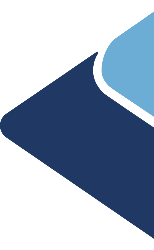 A geometric design featuring two overlapping shapes: a larger dark blue parallelogram with rounded corners on the left and a smaller light blue shape with a curved edge on the top right. The shapes create a layered effect against a transparent background.