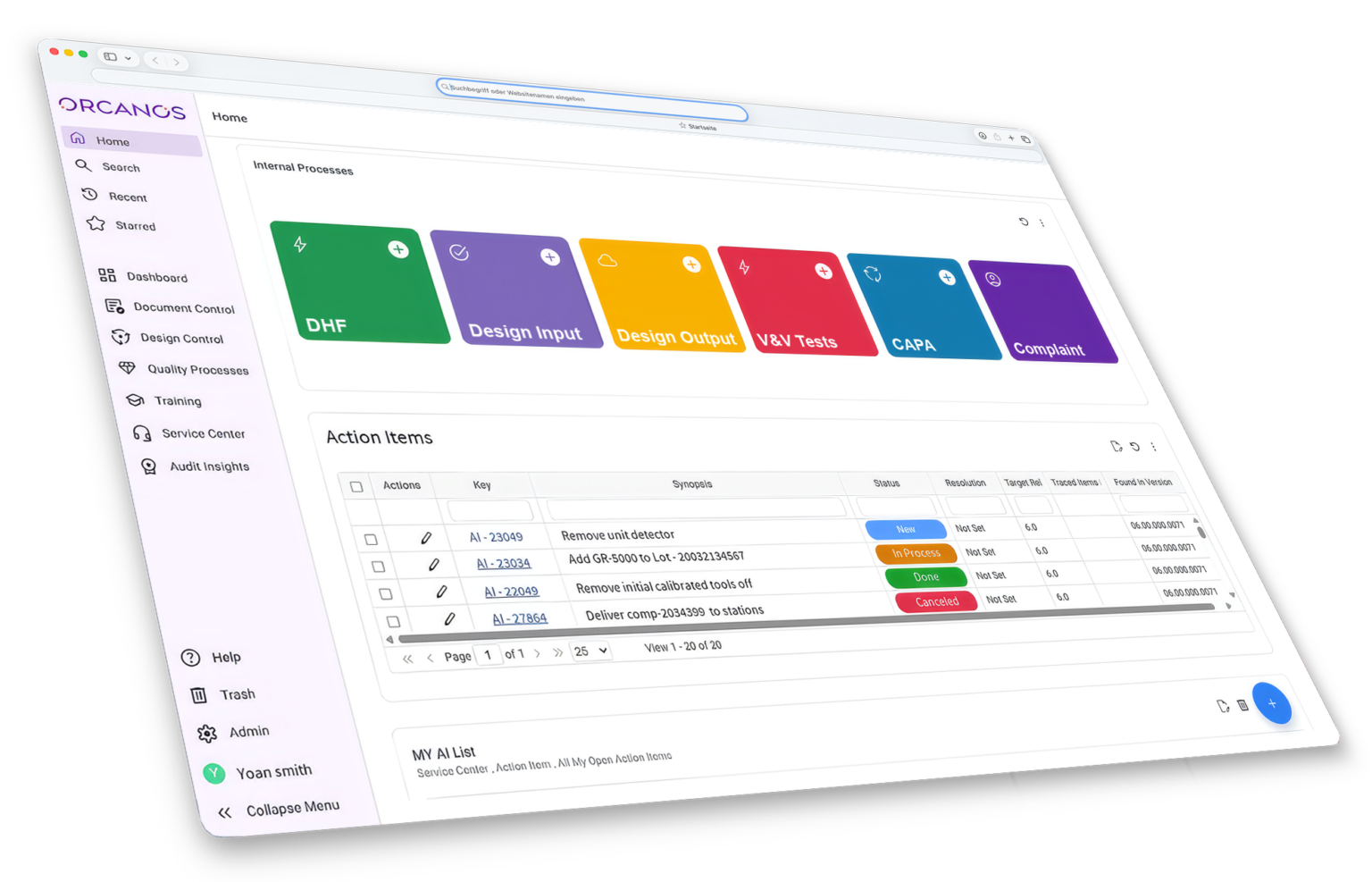 Dashboard interface of a software named "ORCANOS" showing internal processes and action items. The internal processes are displayed as colored tiles labeled DHF (green), Design Input (purple), Design Output (yellow), V&V Tests (red), CAPA (blue), and Complaint (purple). Below, an action items table lists tasks with columns for Actions, Key, Synopsis, Status, Resolution, Target Ref, Traced Items, and Found in Version. Status labels include New (blue), In Process (orange), Done (green), and Canceled (red). The left sidebar menu includes options such as Home, Search, Recent, Starred, Dashboard, Document Control, Design Control, Quality Processes, Training, Service Center, Audit Insights, Help, Trash, Admin, and user profile "Yoan Smith.